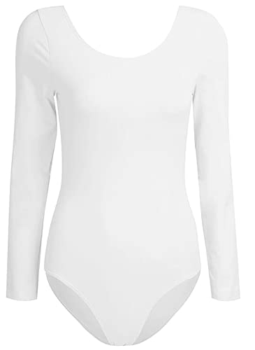 FUREINSTORE Maillot de Danza Ballet Gimnasia Leotardo Body Clásico Elástico para Mujer y Niña de Manga Larga Cuello Redondo (XXL, Blanco)