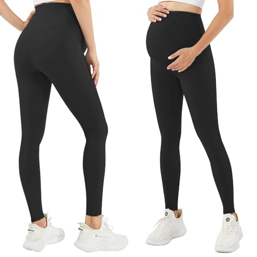 FWHFNB Leggings de maternidad con bolsillos, cintura alta, mallas opacas para embarazadas, suaves y elásticas, ropa de maternidad, para casa, yoga, deporte, M, M/XL