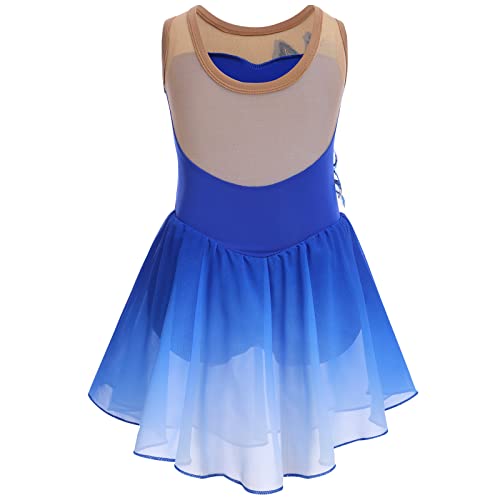 FYMNSI Vestido de patinaje artístico para niña, con lentejuelas, flores, de gasa, sin mangas, para ballet, para 3-12 años, azul cobalto, 7-8 Años