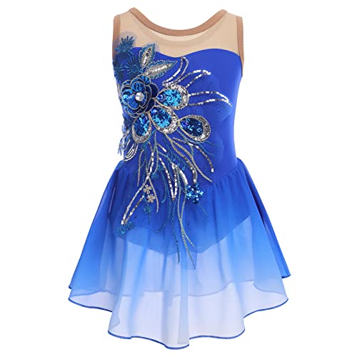 FYMNSI Vestido de patinaje artístico para niña, con lentejuelas, flores, de gasa, sin mangas, para ballet, para 3-12 años, azul cobalto, 7-8 Años