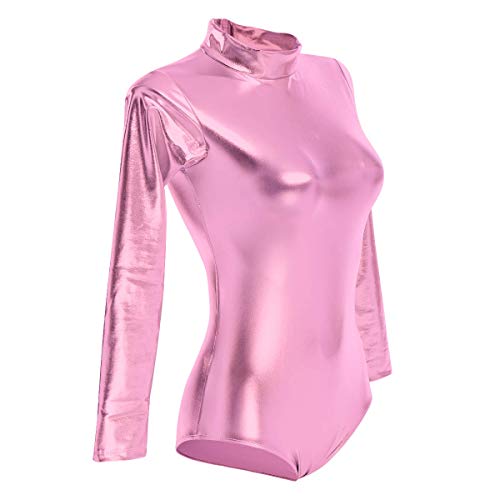 FYMNSI,Maillot de ballet para mujer, brillante, para hacer deporte, danza, para gimnasia, de manga larga, aspecto metalizado, de una sola pieza, piel lacada, parte superior Rosa. L