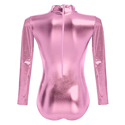 FYMNSI,Maillot de ballet para mujer, brillante, para hacer deporte, danza, para gimnasia, de manga larga, aspecto metalizado, de una sola pieza, piel lacada, parte superior Rosa. L