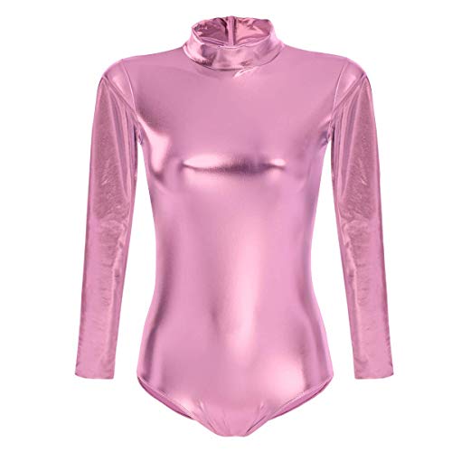 FYMNSI,Maillot de ballet para mujer, brillante, para hacer deporte, danza, para gimnasia, de manga larga, aspecto metalizado, de una sola pieza, piel lacada, parte superior Rosa. L