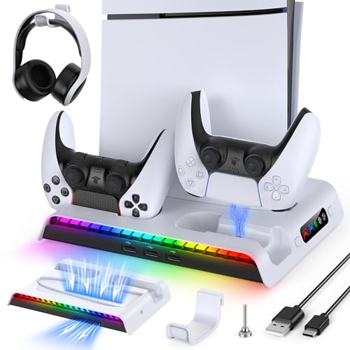 FYOUNG Soporte vertical para PS5 Slim Disc/Digital Edition con base de carga controlador, soporte de ventilador para consola Playstation 5 Slim accesorios con luz 9RGB, conector 3USB, soporte para