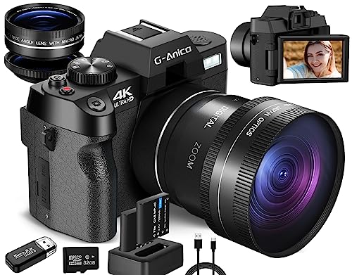 G-Anica Cámara Digital 4k para fotografía, Cámara de grabación de vídeo 48mp para Youtube, con WiFi, cámara compacta con Pantalla giratoria de 180 ° con Flash, Cámara de Viaje, Zoom Digital