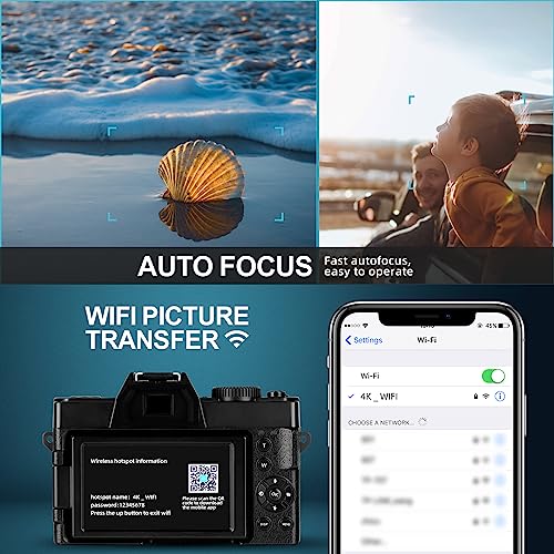 G-Anica Cámara Digital 4k para fotografía, Cámara de grabación de vídeo 48mp para Youtube, con WiFi, cámara compacta con Pantalla giratoria de 180 ° con Flash, Cámara de Viaje, Zoom Digital