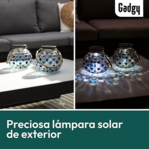 Gadgy ® Set Lampara Solar Mesa Azul | 2 Piezas Hecho de Vidrio | Lanterna LED de Efecto Luz Mosaico | Para Casa, Jardin, Exterior | Mirada Unica[Clase de eficiencia energética A++]