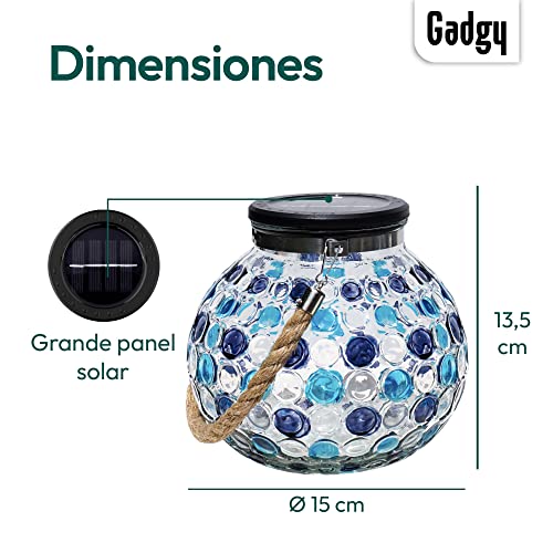 Gadgy ® Set Lampara Solar Mesa Azul | 2 Piezas Hecho de Vidrio | Lanterna LED de Efecto Luz Mosaico | Para Casa, Jardin, Exterior | Mirada Unica[Clase de eficiencia energética A++]