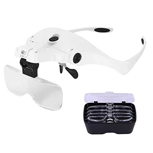 Gafas Lupa con luz 2 LED Hancaner Lentes de Aumento Profesional con 5 Lentes 1.0X, 1.5X, 2.0X, 2.5X, 3.5X Lupas de Gran Aumento para Coser, Joyería y Relojería(Blanco)