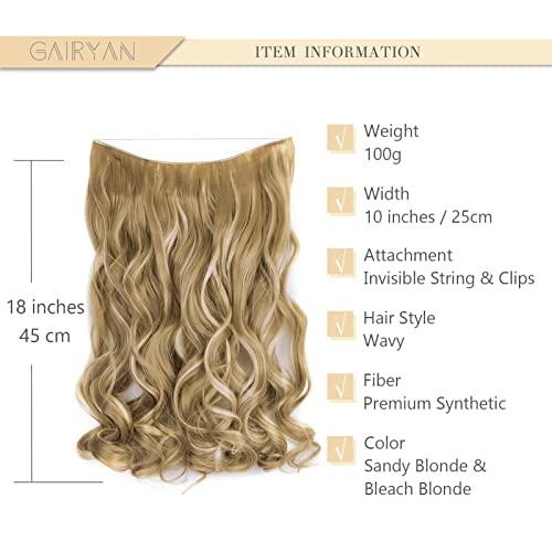 Gairyan 45cm Extensiones Hilo Invisible Pelo Natural Rizado Extensiones de Clip de Pelo Natural Sintético Ondulado Una Pieza Extensiones de Cabello Pelo Clip Largo- Rubio arenoso & Blanqueador rubia