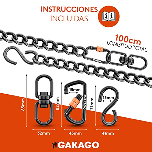 Gakago Cadena de extensión como Cadena de Silla Colgante, extensión de Columpio, Soporte de Saco de Boxeo - Cadena de Acero con Gancho en S, Giratorio y mosquetón - también para Exteriores