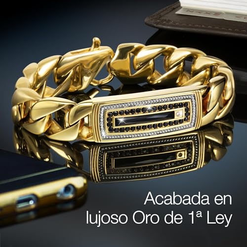 GALERIA DEL COLECCIONISTA. Pulsera de hombre EMPORIO. Acero 316L acabado en Oro de 1ª Ley, 1 Diamante, Circonitas negras y Ónice. Grandes eslabones. Elegante, versátil, grabado exclusivo. 540900673