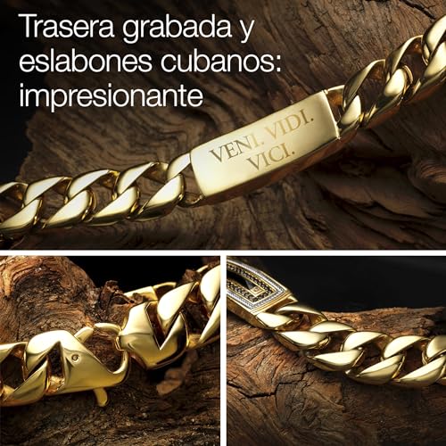 GALERIA DEL COLECCIONISTA. Pulsera de hombre EMPORIO. Acero 316L acabado en Oro de 1ª Ley, 1 Diamante, Circonitas negras y Ónice. Grandes eslabones. Elegante, versátil, grabado exclusivo. 540900673