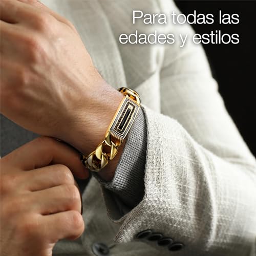 GALERIA DEL COLECCIONISTA. Pulsera de hombre EMPORIO. Acero 316L acabado en Oro de 1ª Ley, 1 Diamante, Circonitas negras y Ónice. Grandes eslabones. Elegante, versátil, grabado exclusivo. 540900673