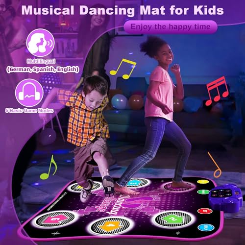 GARNHLOB Alfombra de Baile Niñas Bluetooth para 3 4 5 6 7 8 9 + Años Niños,Alfombra para Bailar Niña en Español, Inglés y Alemán,Musical Manta de Baile para Niños Juguetes con 6 LightFlechas 5 Modos