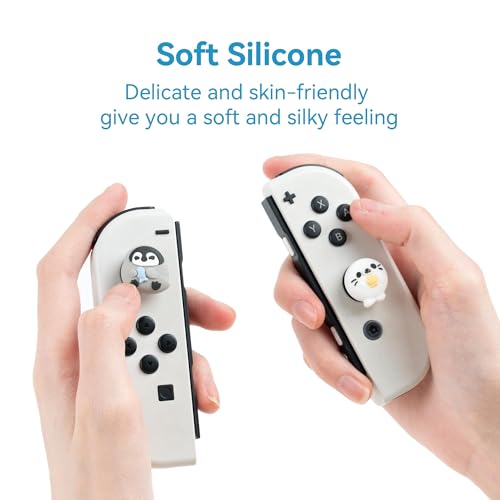 GeekShare Cute Silicone Joycon Thumb Grip Caps Kawaii Polar Animal Theme Thumbstick Caps Joystick Cover Compatible con Nintendo Switch/OLED/Switch Lite - 2 pares/4 piezas - Pingüino y sello