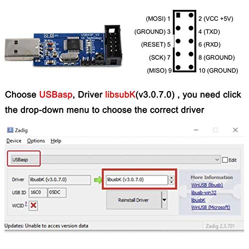 Geekstory ATMEL 51 AVR USB ISP ASP microcontrolador programador descargador con cable + placa adaptador de 10 pines a 6 pines para Ender 3 o Ender 3 Pro