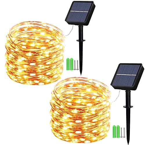 Geemoo 2 Piezas Guirnalda Luces Exterior Solar, 15M 150 LED Blanco Calido, Cadena de Luces de Alambre de Cobre, 8 Modos Luces Navidad para Decorar Arbol, Patio, Jardin