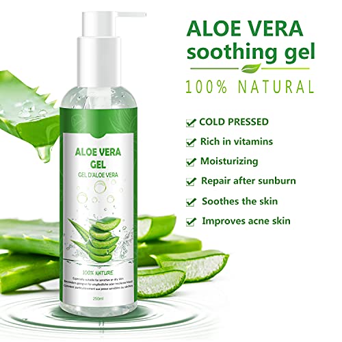 Gel de Aloe Vera 100% Puro,250 ML, Crema Natural Hidratante para Cara,Cabello y Cuerpo,Ideal para el Acné,Pieles Secas y Quemadas Solares,Calmante,Nutritiva y Antisensible| con Bomba