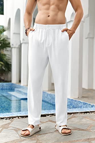 Gemijacka Pantalones largos de lino para hombre con cintura elástica, ultraligeros de verano, opacos, pantalones de playa, Blanco, M