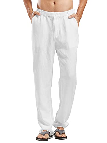 Gemijacka Pantalones largos de lino para hombre con cintura elástica, ultraligeros de verano, opacos, pantalones de playa, Blanco, M