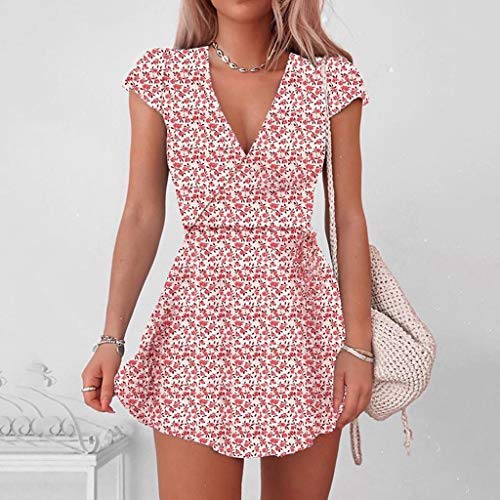 Genérico para mujer, vestido corto con volantes de talle alto, vestido bohemio de manga larga con cuello en V, vestido elegante estampado floral para primavera, verano, vestido de mujer verano chic