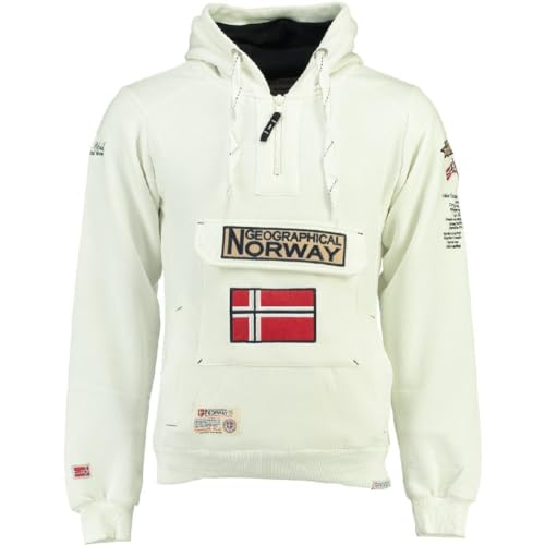 Geographical Norway GYMCLASS Men - Sudadera con Capucha y de Bolsillo Canguro para Hombre - Sudadera con Logo de la Marca y Manga Larga (Blanco, L)