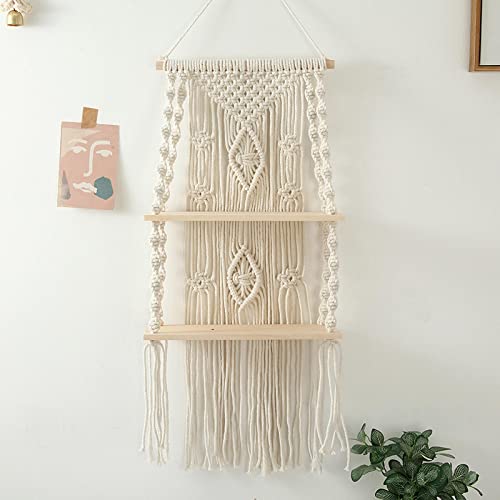 Gereton Estante para Colgar En La Macramé, Tapiz Tejido A Mano, 2 Niveles Estante Flotante Madera, Soporte para Plantas/Estantería/Decoración del Hogar