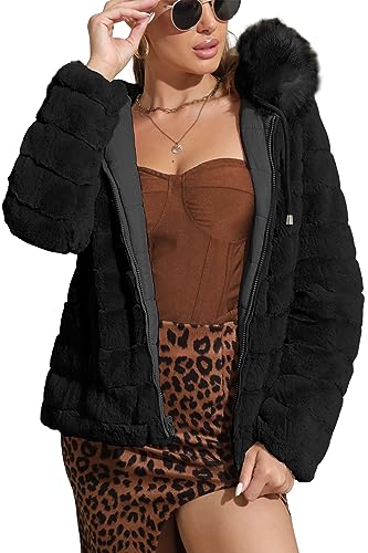 Geschallino Chaqueta de Piel Sintética Reversible para Mujer con Capucha Abrigo Acolchado de Invierno con Cuello de Piel 19225 Negro M