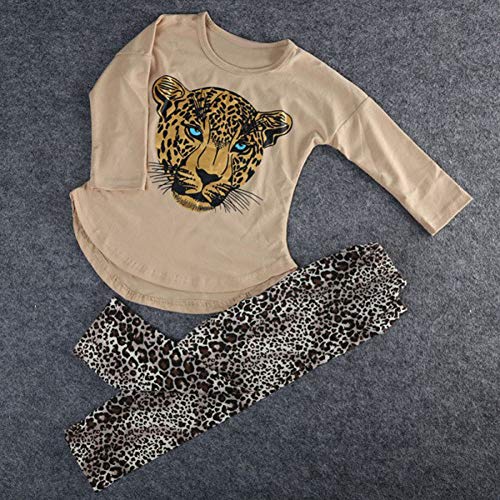 ggudd Niña Leopardo Impreso Manga Larga Tops y Polainas Pantalones Conjuntos de Trajes(Caqui,5-6 años)