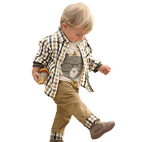 ggudd Niño Bebé Tartán Tops y Koala Impreso Camisa y Pantalones 3pcs Conjuntos de Ropa (Caqui, 2-3 años)