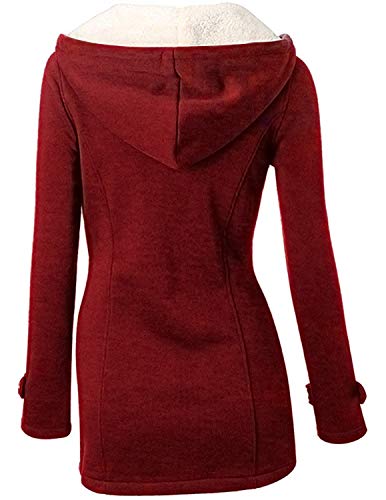 GHYUGR Abrigos con Horn Botones Mujer Invierno Elegantes Slim Chaqueta con Capucha Lana Capa Jacket Sudadera Pullover Outwear Parka,Vino Tinto,XXL