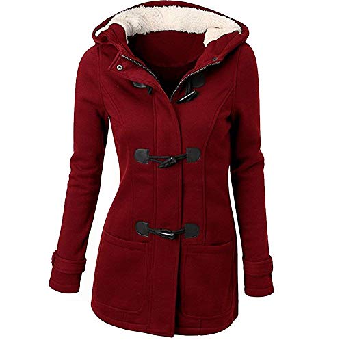 GHYUGR Abrigos con Horn Botones Mujer Invierno Elegantes Slim Chaqueta con Capucha Lana Capa Jacket Sudadera Pullover Outwear Parka,Vino Tinto,XXL