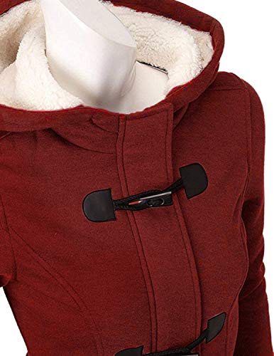 GHYUGR Abrigos con Horn Botones Mujer Invierno Elegantes Slim Chaqueta con Capucha Lana Capa Jacket Sudadera Pullover Outwear Parka,Vino Tinto,XXL