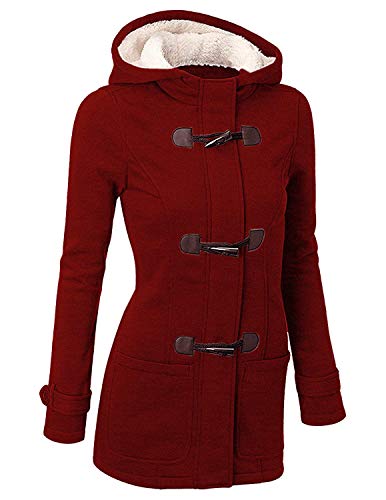 GHYUGR Abrigos con Horn Botones Mujer Invierno Elegantes Slim Chaqueta con Capucha Lana Capa Jacket Sudadera Pullover Outwear Parka,Vino Tinto,XXL