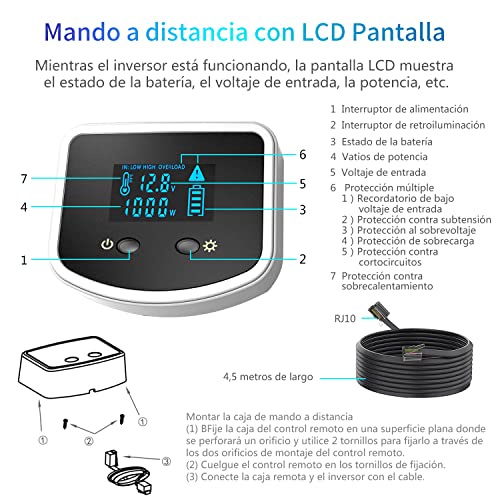 Giandel 1000w Inversor de Corriente de Onda Sinusoidal Pura Convertidor DC 12V a AC 220V 230V con Mando a Distancia Pantalla LCD & 2 Tomas de CA & 2 Puertos USB para Coche RV cámping