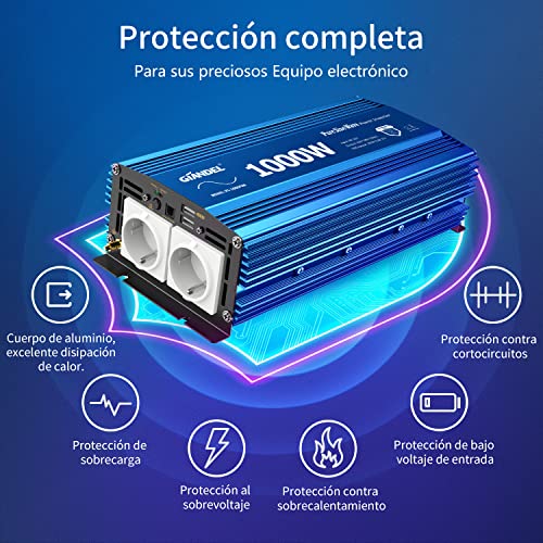 Giandel 1000w Inversor de Corriente de Onda Sinusoidal Pura Convertidor DC 12V a AC 220V 230V con Mando a Distancia Pantalla LCD & 2 Tomas de CA & 2 Puertos USB para Coche RV cámping