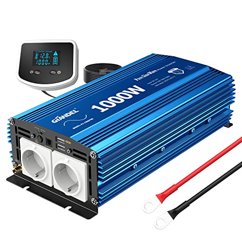 Giandel 1000w Inversor de Corriente de Onda Sinusoidal Pura Convertidor DC 12V a AC 220V 230V con Mando a Distancia Pantalla LCD & 2 Tomas de CA & 2 Puertos USB para Coche RV cámping