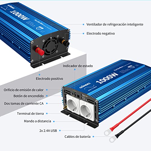 Giandel 1000w Inversor de Corriente de Onda Sinusoidal Pura Convertidor DC 12V a AC 220V 230V con Mando a Distancia Pantalla LCD & 2 Tomas de CA & 2 Puertos USB para Coche RV cámping