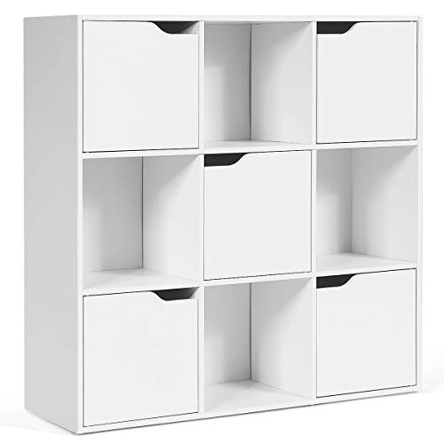 GIANTEX Estantería con 9 Compartimentos, Estantería con Forma de Cubo con 5 Puertas de Madera, para Oficina para Libros, DVD, Juguetes (Blanco)