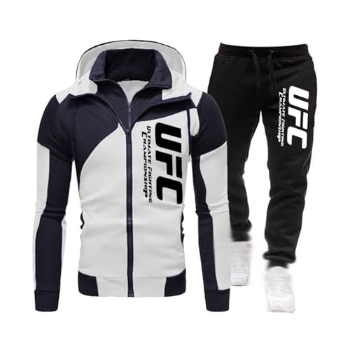 GIBOH Conjunto De Chándal Para Hombre, Chaqueta Con Capucha UFC Y Pantalón Deportivo, Traje Deportivo De Manga Larga, Traje De Ocio Con Cremallera, Chaqueta Para Correr,L,White