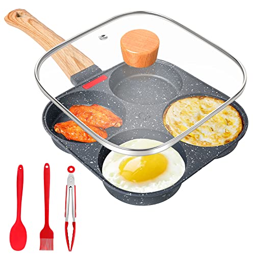 Gimars Sartén Tortitas con Tapa de 4 Agujeros Sartén Huevo Frito Antiadherente de Aluminio para Gas y Inducción Sartén para Desayuno Mini Tortilla Hambuguesa Panqueque con Espátula,Pincel y Clip