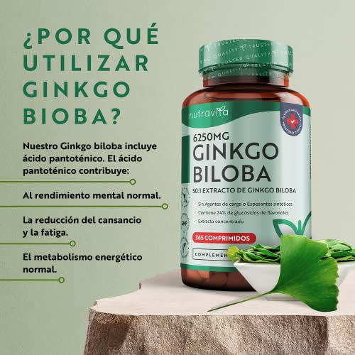 Ginkgo Biloba 6250 mg - 365 Comprimidos - Extracto de Gingko Biloba Vegano 50:1 - Alta Dosis Ginko Biloba Capsulas con 24% Glucósidos de Flavonoles - Mejora Concentración y Memoria - Nutravita