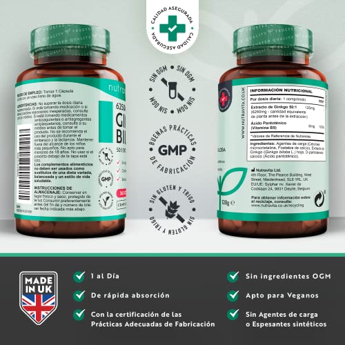 Ginkgo Biloba 6250 mg - 365 Comprimidos - Extracto de Gingko Biloba Vegano 50:1 - Alta Dosis Ginko Biloba Capsulas con 24% Glucósidos de Flavonoles - Mejora Concentración y Memoria - Nutravita