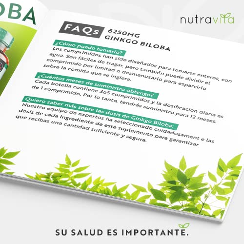 Ginkgo Biloba 6250 mg - 365 Comprimidos - Extracto de Gingko Biloba Vegano 50:1 - Alta Dosis Ginko Biloba Capsulas con 24% Glucósidos de Flavonoles - Mejora Concentración y Memoria - Nutravita