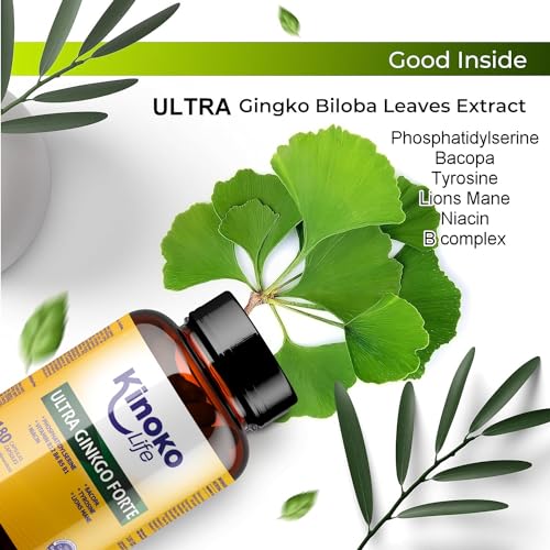 Ginkgo Biloba Forte - 180 Cápsulas con Bacopa, Fosfatidilserina, Melena de León, Tirosina, Niacina y Vitaminas B - Suplemento para Memoria y Concentración