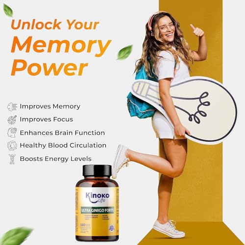 Ginkgo Biloba Forte - 180 Cápsulas con Bacopa, Fosfatidilserina, Melena de León, Tirosina, Niacina y Vitaminas B - Suplemento para Memoria y Concentración