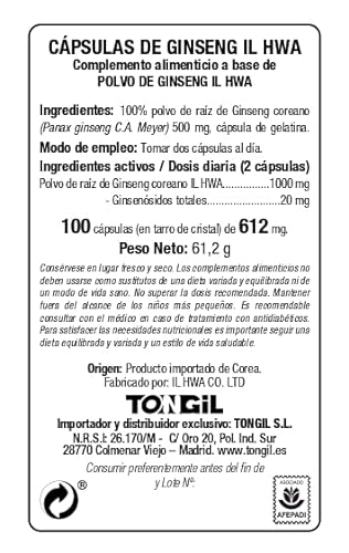 Ginseng Coreano Puro, Calidad Ilhwa, 500 mg, 100 cápsulas | Panax Ginseng 100% Sin aditivos | Energía Física y Mental | Raíces Maduras de Cultivo Propio y Extracción Exclusiva | de TONGIL