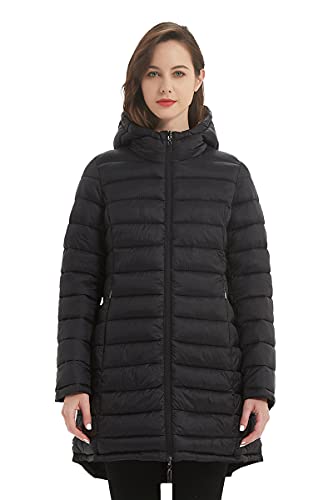 Giolshon Mujer Chaqueta Puffer Reversible Ropa de invierno Moderno Acolchado Cálido Ligero Largo con Capucha Acolchado Abrigo de Espuma 207 Negro XL