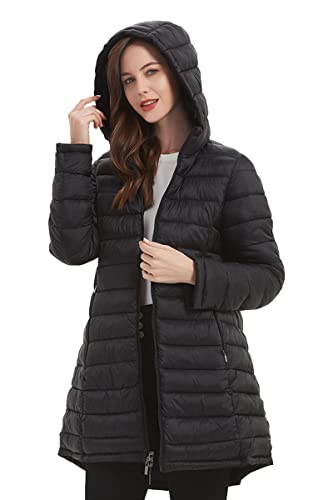 Giolshon Mujer Chaqueta Puffer Reversible Ropa de invierno Moderno Acolchado Cálido Ligero Largo con Capucha Acolchado Abrigo de Espuma 207 Negro XL